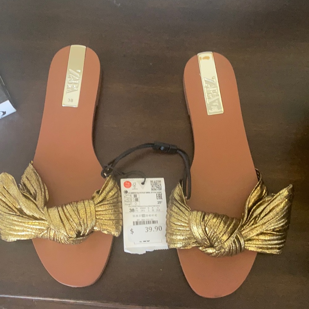 Zara Flat Sandals with Metallic Bow
